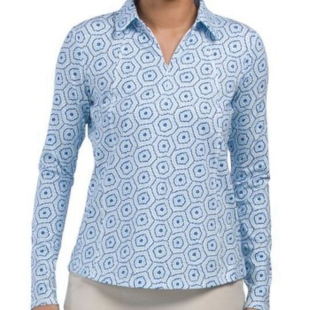 Ladies BELYN KEY Blue Burst Print Glacier Long Sleeve Golf Shirt - XS - 1/4‎ Zip